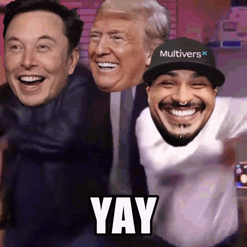 elon musk donald trump and a man wearing a multiverse hat are smiling