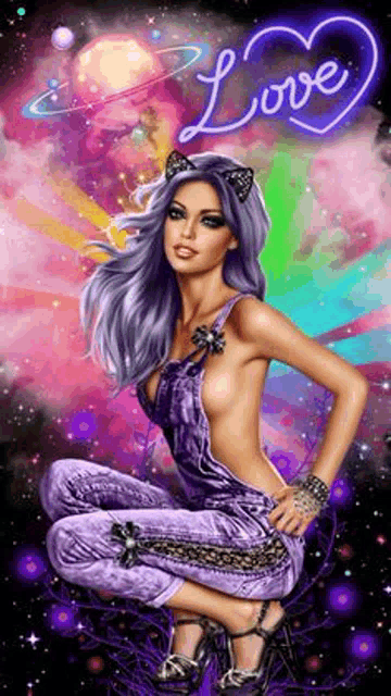 a painting of a woman in purple overalls with a neon sign that says love in the background