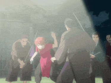 a girl in a red dress is surrounded by a group of men with swords
