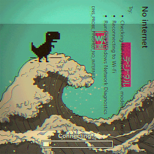 a cartoon of a dinosaur standing on top of a wave with the words " connecting " below it