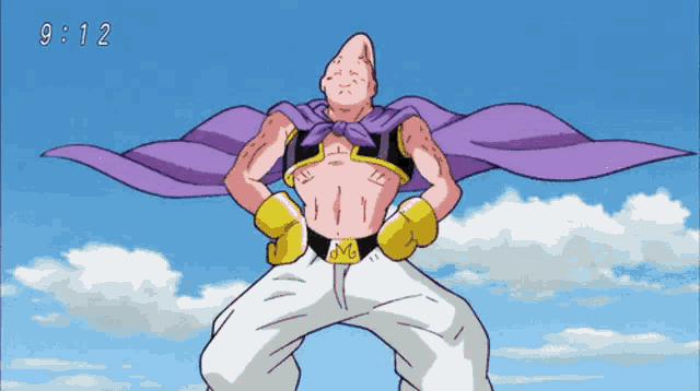 a cartoon of a man with a purple cape and the time 9:12 on the bottom