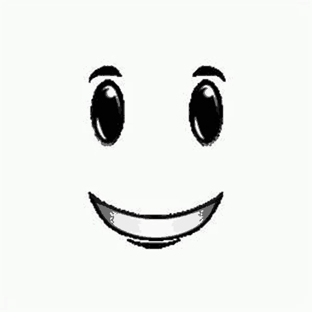 a black and white drawing of a smiling face with black eyes and a white mouth .