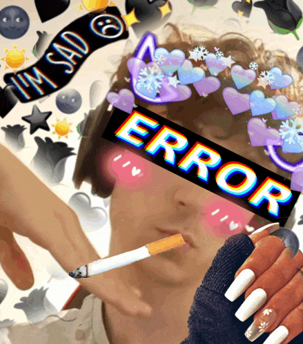 a person smoking a cigarette with a sticker that says error on it
