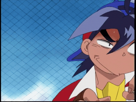 a cartoon character with purple hair and a blue hat