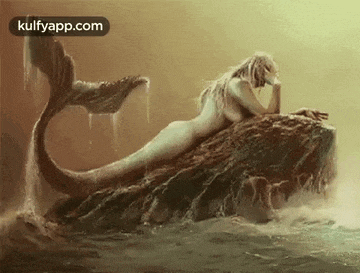 a mermaid is sitting on a rock in the water