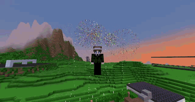 a man in a suit and tie stands in front of a fireworks display in a minecraft world