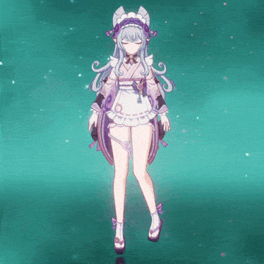 a girl in a maid outfit is standing with her eyes closed on a green background