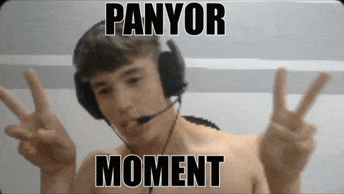 a shirtless man wearing headphones and a microphone giving a peace sign with the words panyor moment above him