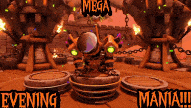 a video game advertisement for mega evening mania shows a robot on a pedestal