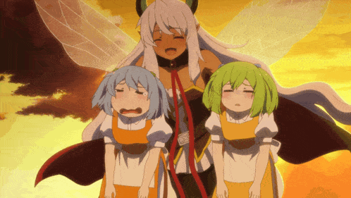 a woman with wings is standing next to two girls