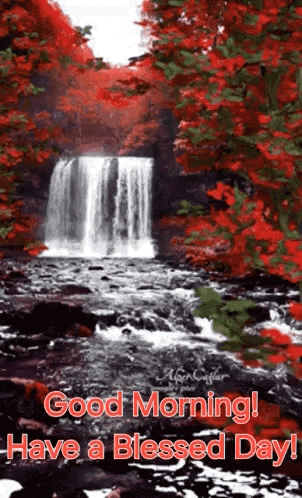 a waterfall in the middle of a forest with red leaves and a good morning message .