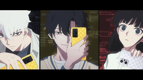 a man and a woman are looking at a cell phone