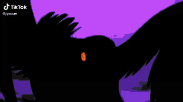 a person is standing in front of a purple background with a crow flying in the background .