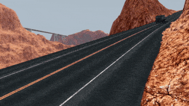 a computer generated image of a highway with a bridge in the background