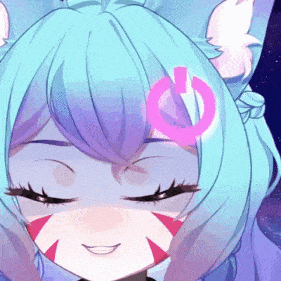 a close up of a cartoon girl with a pink power button on her head