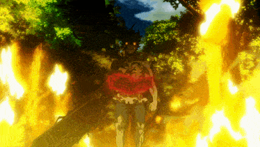 a man with a sword is surrounded by flames and trees