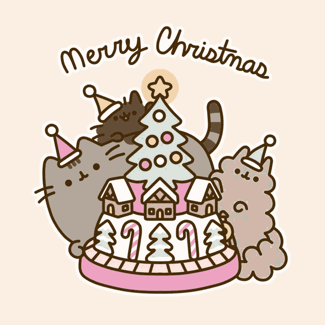 a merry christmas greeting card with cats and a train