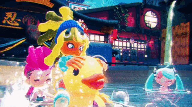 a group of cartoon characters are playing in a pool with a yellow rubber duck