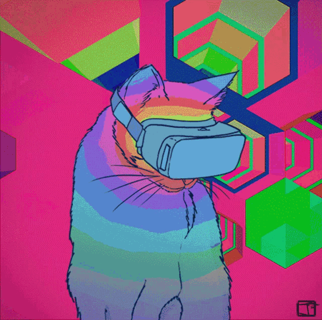 a cat wearing a virtual reality headset with a purple background