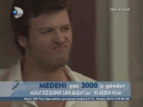 a man is making a funny face in front of a sign that says medeni yaz 3000