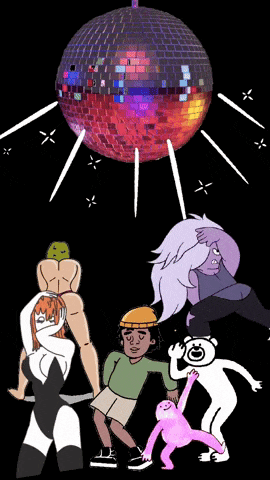 a group of cartoon characters are dancing under a disco ball