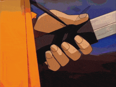 a close up of a person holding a sword in their right hand