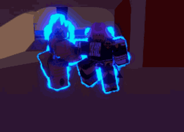 a couple of people standing next to each other in a dark room with a blue light behind them