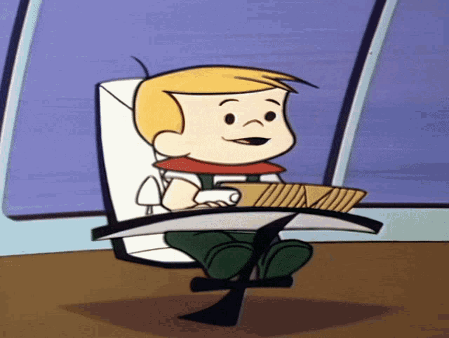 a cartoon character is sitting in a chair