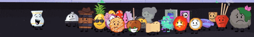 a group of cartoon characters are lined up in a row including a pineapple