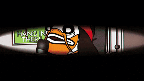 a cartoon duck is singing into a microphone with a sign behind him that says hang in there