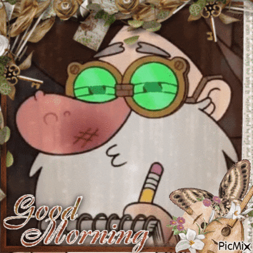 a picture of a cartoon character with green glasses and the words good morning on the bottom