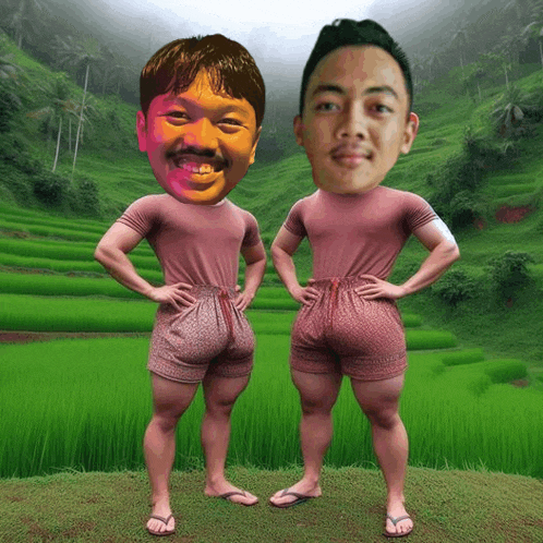 two men are standing next to each other with their hands on their hips in front of a green field