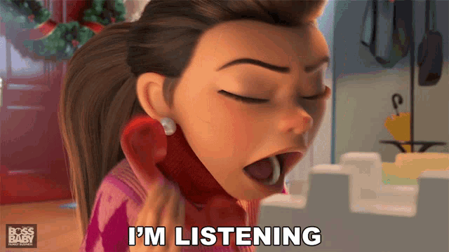 a cartoon of a woman talking on a phone with the words " i 'm listening " below her