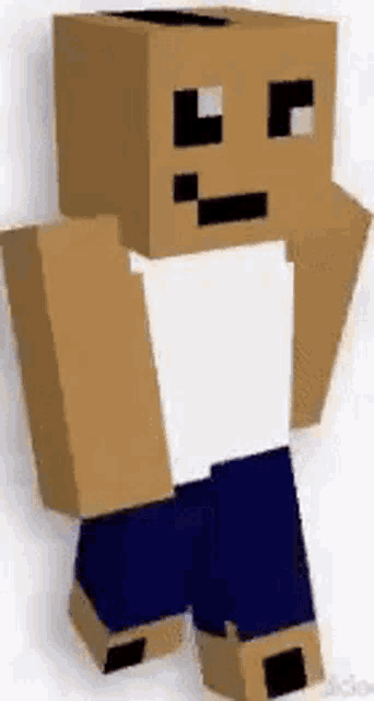 a minecraft character with a cardboard box head and blue shorts .