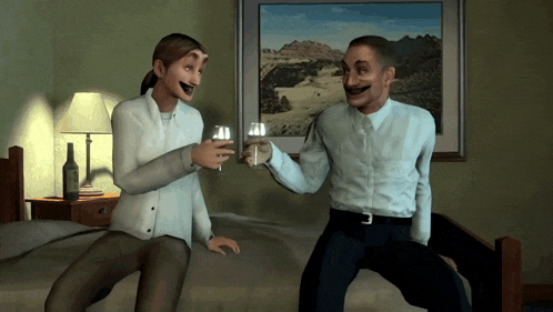 a man and woman toasting with wine glasses in front of a painting