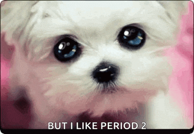 a small white dog with big blue eyes is sitting on a pink surface and says `` but i like period 2 '' .