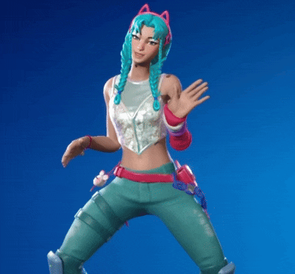 a woman with blue hair and cat ears is wearing a crop top and green pants .