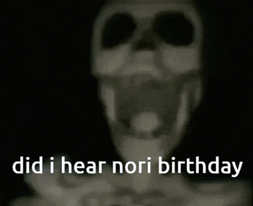 a skeleton with the words " did i hear nori birthday " written on it