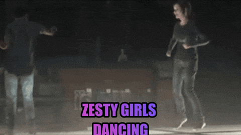a woman is dancing with the words zesty girls dancing behind her