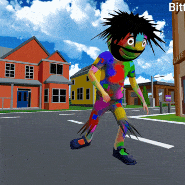 a cartoon character is walking down a street with a cafe sign behind him
