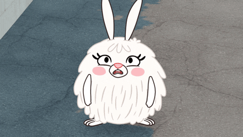 a cartoon drawing of a fluffy white rabbit with a surprised look on its face