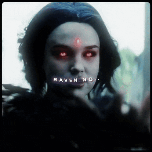 a close up of a woman with red eyes and the words raven no