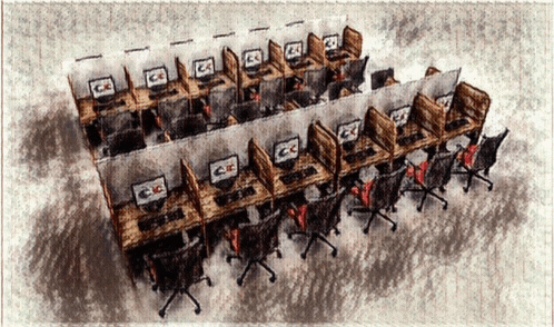 a drawing of a row of cubicles with the letters cc on the monitors