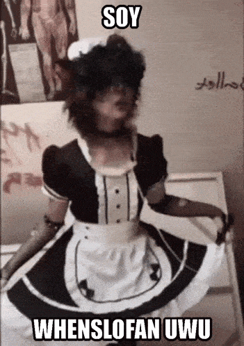 a person is wearing a maid costume and dancing in a room .