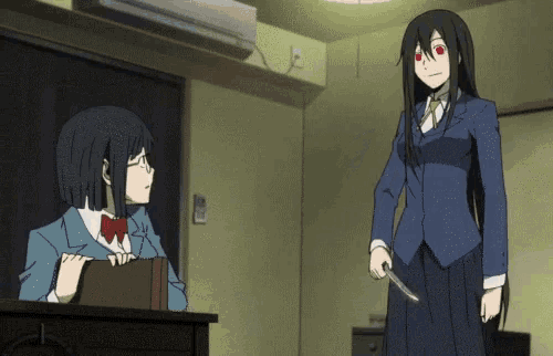 a girl with red eyes is holding a knife next to another girl