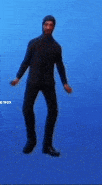a man in a black suit is dancing in front of a blue background that says emex