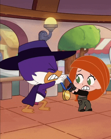 a cartoon of kim possible and a duck with a hat