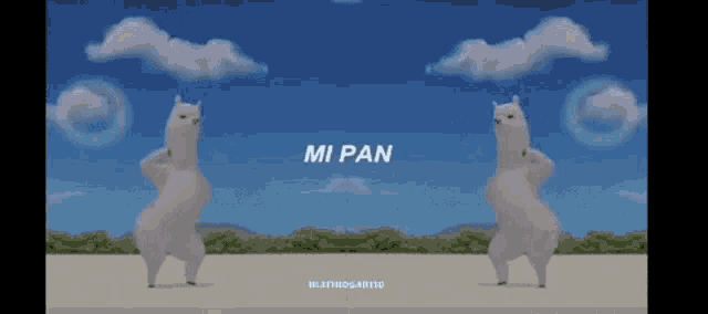 two llamas are dancing in front of a blue sky with the words mi pan on the bottom .