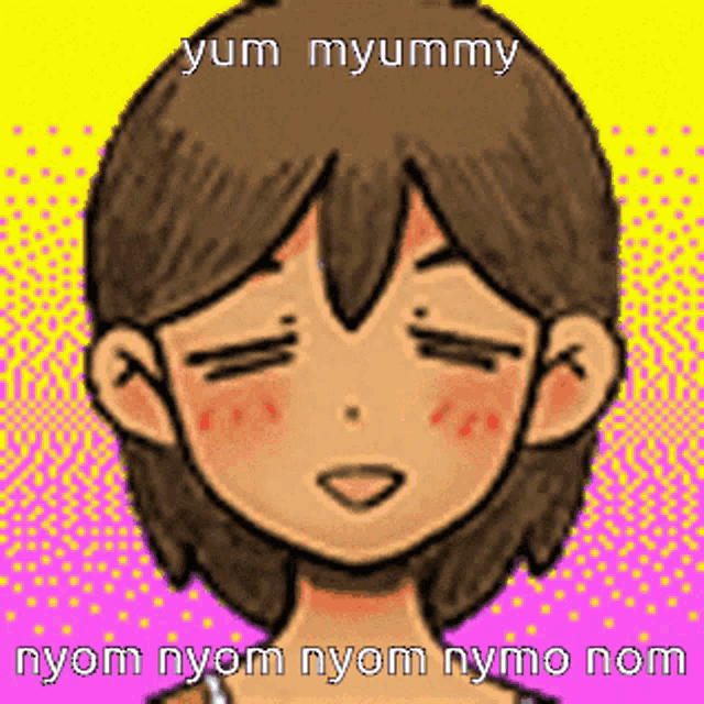 a pixel art drawing of a girl with her eyes closed and the words yum myummy nyom nyom nymo nom
