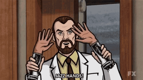 a cartoon of a man with a beard holding a pair of gloves and saying jazz hands .